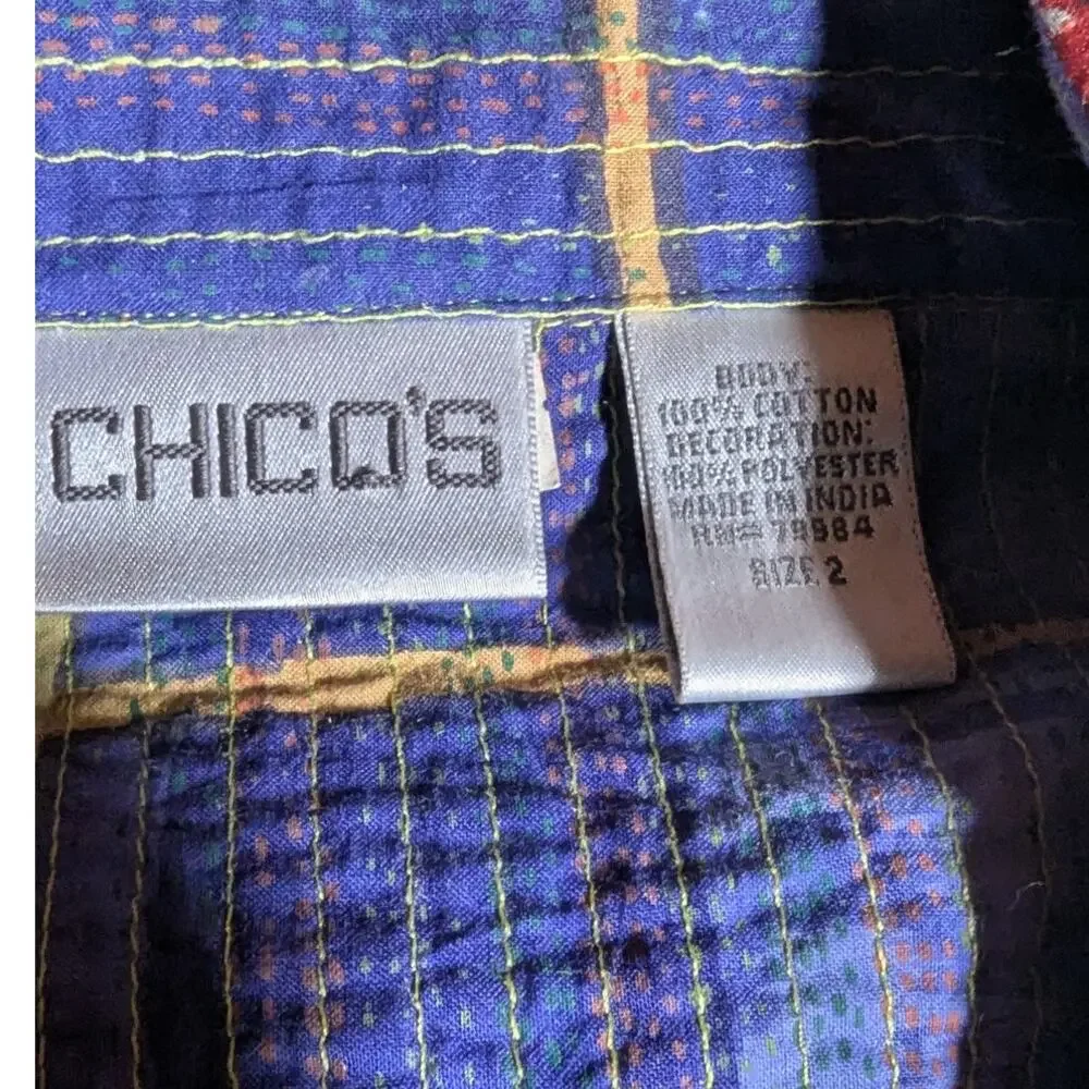 Vtg 1990s Chico's Colorful Patchwork Quilted Button Up 100% Cotton Jacket 2 L